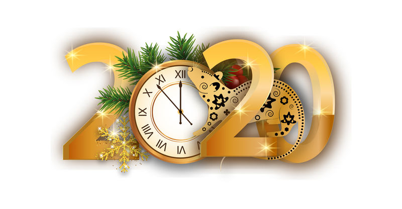 2020年新年快乐-鼠年-数字用金色的时钟-树枝在白色的背景上隔离圣诞树-矢量图解