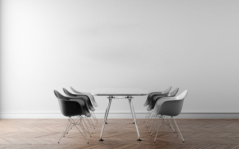 背景是白色大墙的会议室。三维插图