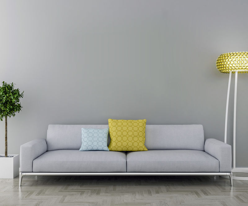 带室内设备和灯具的空白相框和沙发