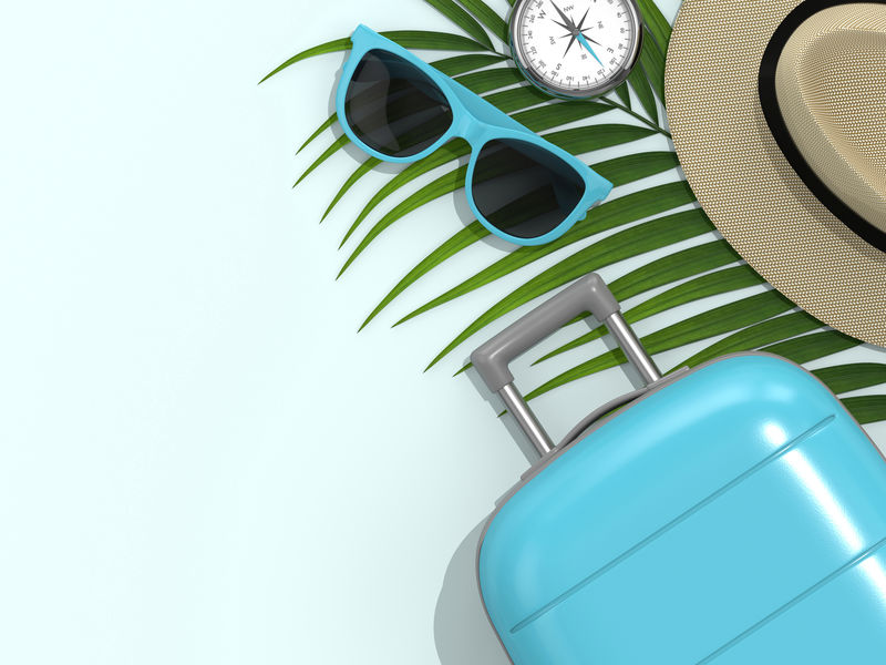 太阳镜、指南针、帽子和手提箱的三维渲染-以淡蓝色为背景-并放置文字