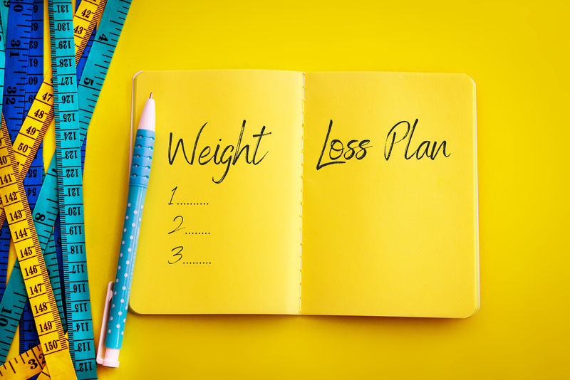 减肥与饮食控制概念背景-鲜艳的黄色背景上的彩色卷尺-带有蓝皮书日记记事本和文字-如“减肥计划”所示-有助于身体健康