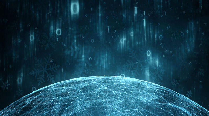 以二进制数字和雪花为背景的未来主义球体