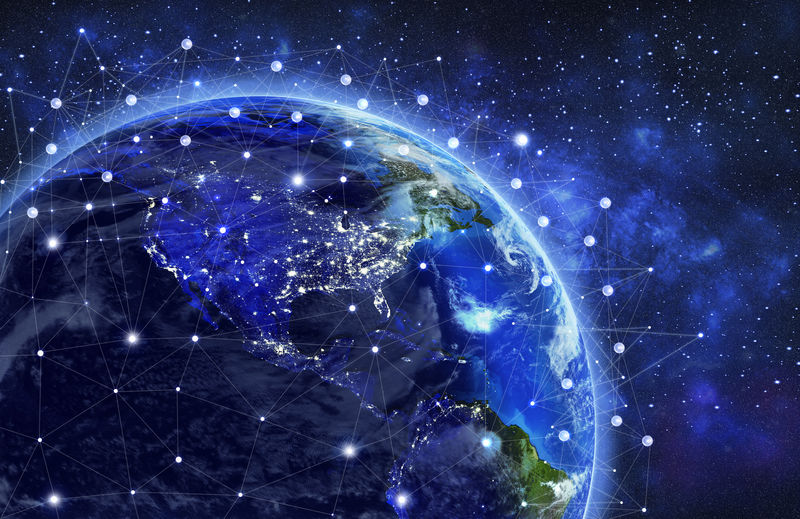 在太空中地球上的网络和数据交换-三维绘制-这张图片的元素由美国宇航局提供