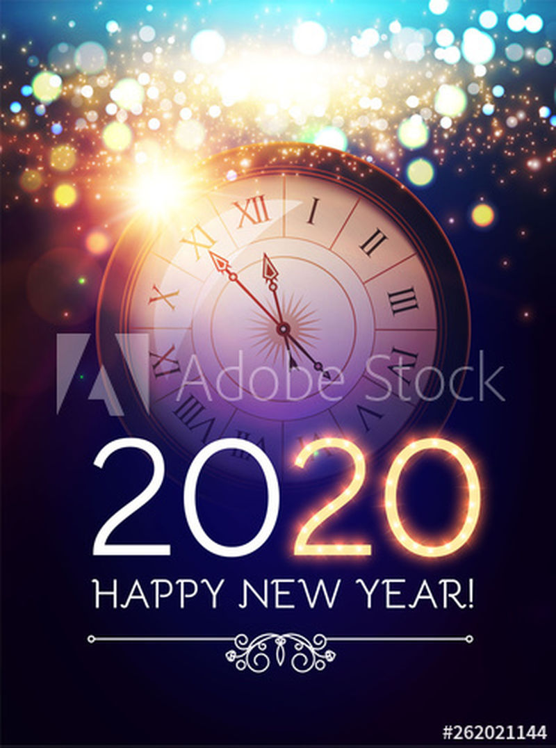 祝你2020年快乐！时钟-文件-灯光和Bokeh效果
