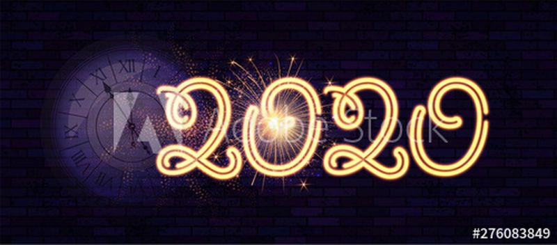 2020年新年快乐！带时钟的寒假设计模板-霓虹灯标志-神奇的灯光效果