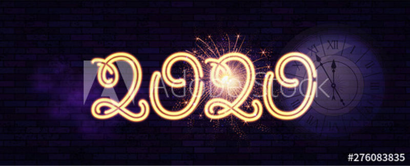 2020年新年快乐！带时钟的寒假设计模板-霓虹灯标志-神奇的灯光效果
