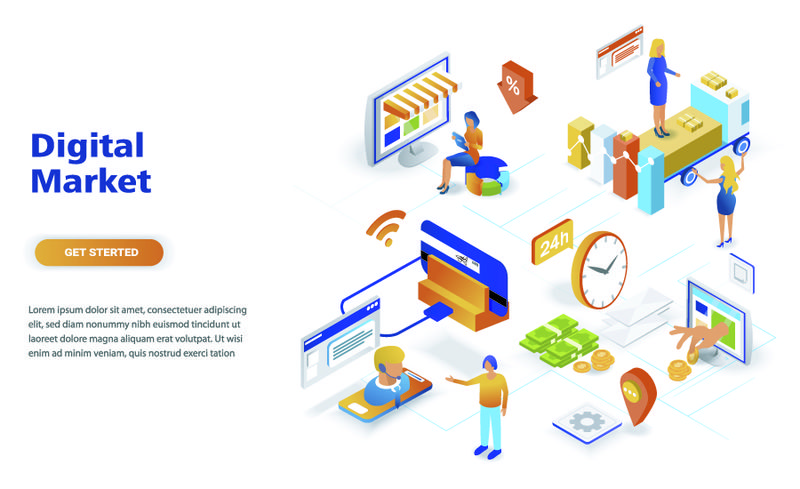 数字营销现代平面设计等距概念-广告与人的概念-登录页模板-网页和平面设计的概念等距矢量图