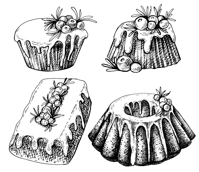 手繪素描傳統的聖誕食品-蛋糕-傳統布丁聖誕插畫-糖霜小紅莓迷迭香