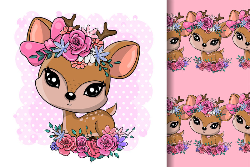 可爱的卡通小鹿，粉色背景上有花