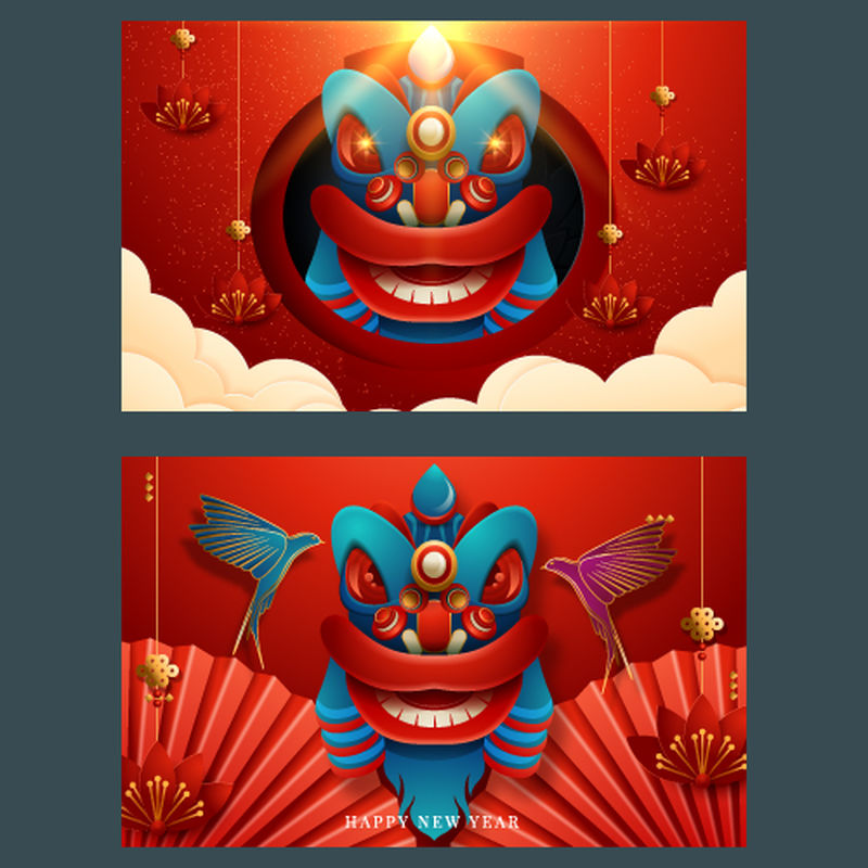 2020年中国鼠年设置矢量横幅、海报、传单、传单-灯笼-花-云-圆形装饰形状-新年快乐-矢量图示