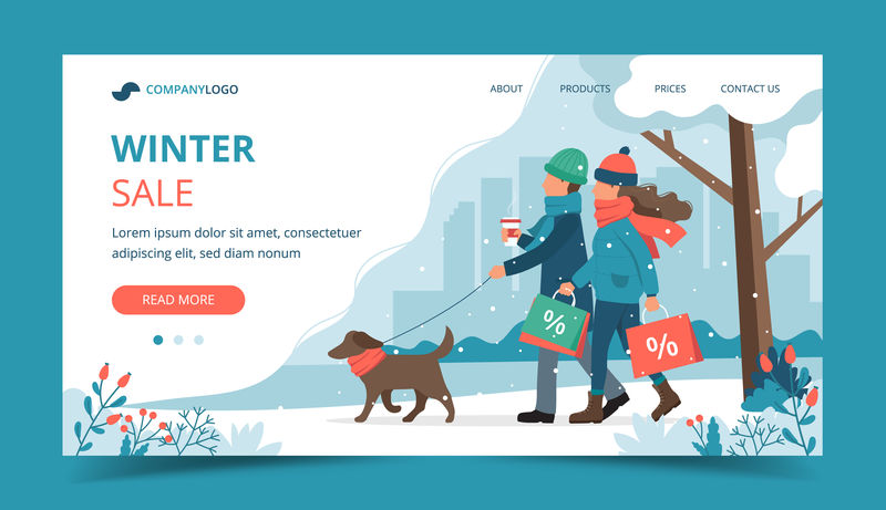男人和女人拿着销售袋,在冬天遛狗。平面风格的可爱矢量插图。登录页模板
