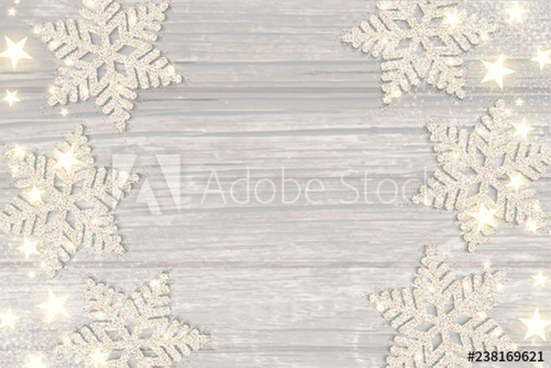 Hapy 2019年新海报模板-木质纹理上有闪亮的雪花-矢量图示