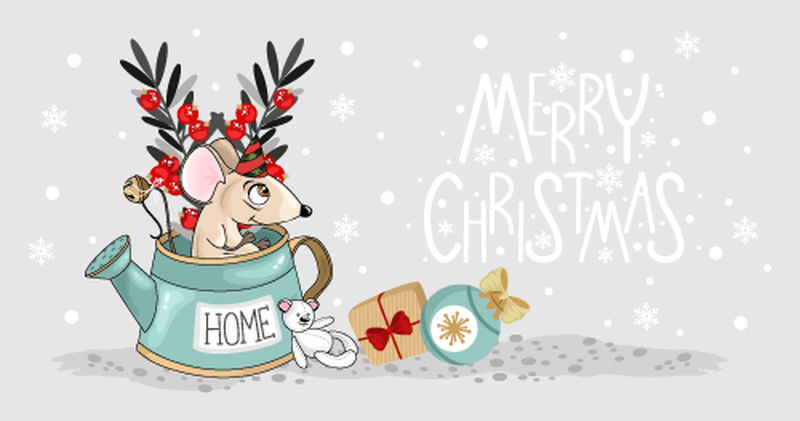 带有可爱鼠标和节日元素的圣诞卡-矢量图解