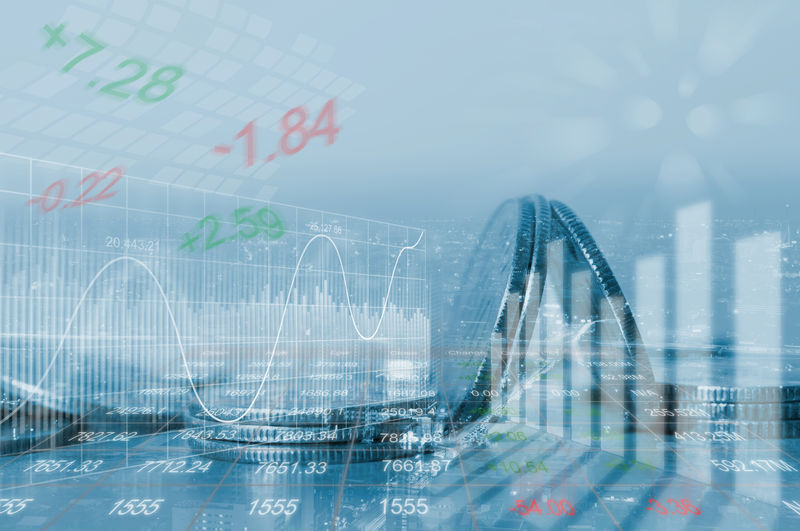 金融投资概念-股票市场或外汇交易图及股票交易所-汇总图-经济走势背景-业务演示的抽象财务背景