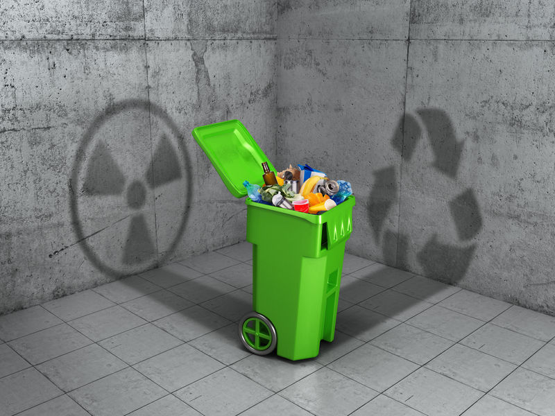 生态概念-垃圾桶以处理标志和污染标志的形式投下阴影-三维图解