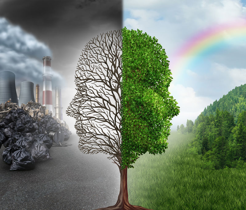 环境变化和全球变暖的环境概念作为一个场景削减两个一半显示一棵死树作为人类头部在污染和相反的健康的绿色清洁空气和植物