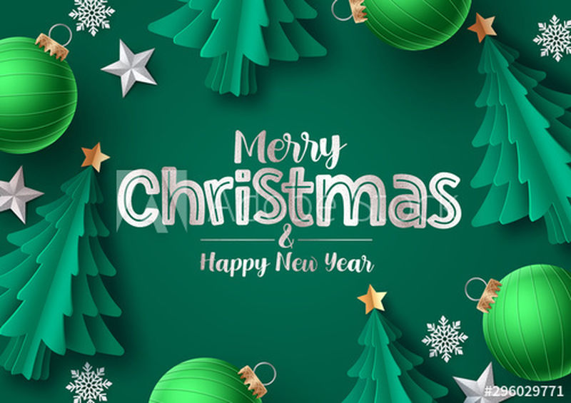 圣诞树矢量贺卡-圣诞祝福短信-绿色松树-雪花-球和星星在绿色背景-矢量图解