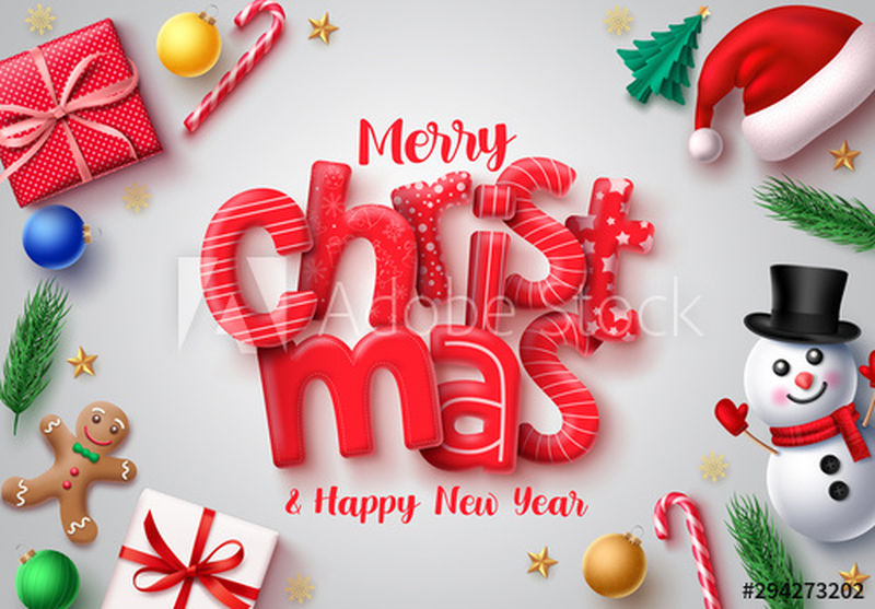 圣诞节矢量横幅设计-圣诞快乐-新年快乐-圣诞帽-雪人-礼物-甘蔗糖-姜饼-球和松叶装饰的3d写实印刷文字