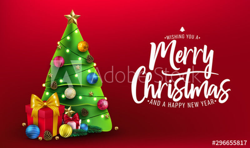圣诞横幅-圣诞装饰设计有圣诞树、礼物、球、星星、松果和红底灯-贺卡上印有圣诞快乐字样