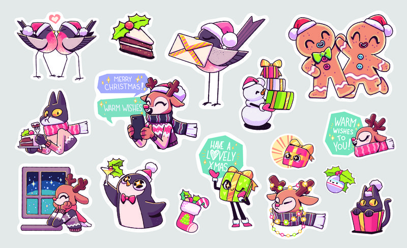 一套圣诞快乐和新年快乐的贴纸或磁铁-节日纪念品