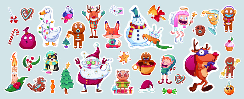 一套圣诞快乐和新年快乐的贴纸或磁铁-节日纪念品