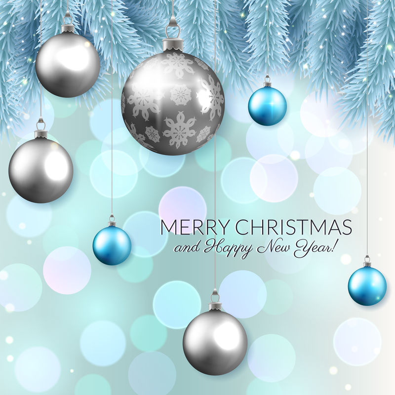 圣诞矢量卡设计，闪亮的圣诞饰品和松木树枝，背景柔和