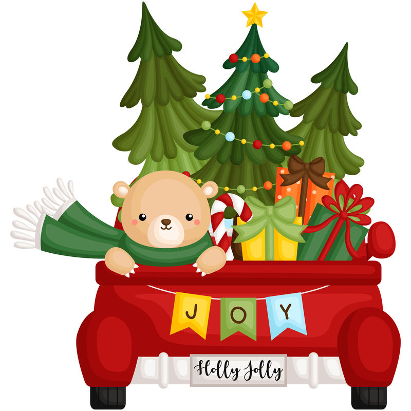 一只可爱的熊藏在圣诞卡车的后面-里面有很多礼物和礼物