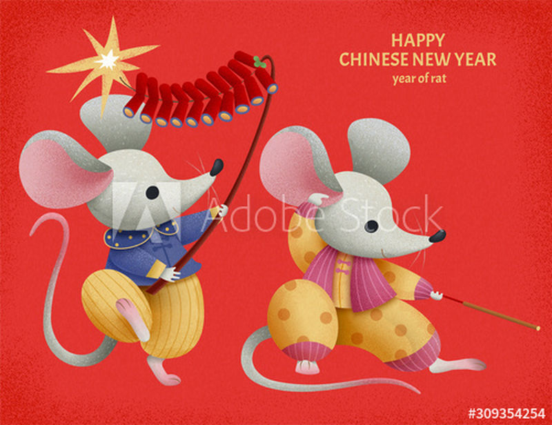 两只可爱的卡通老鼠在红色背景下放鞭炮过年