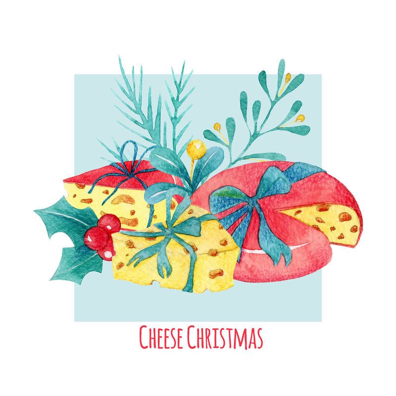 圣诞奶酪和冬青浆果的手绘水彩插图