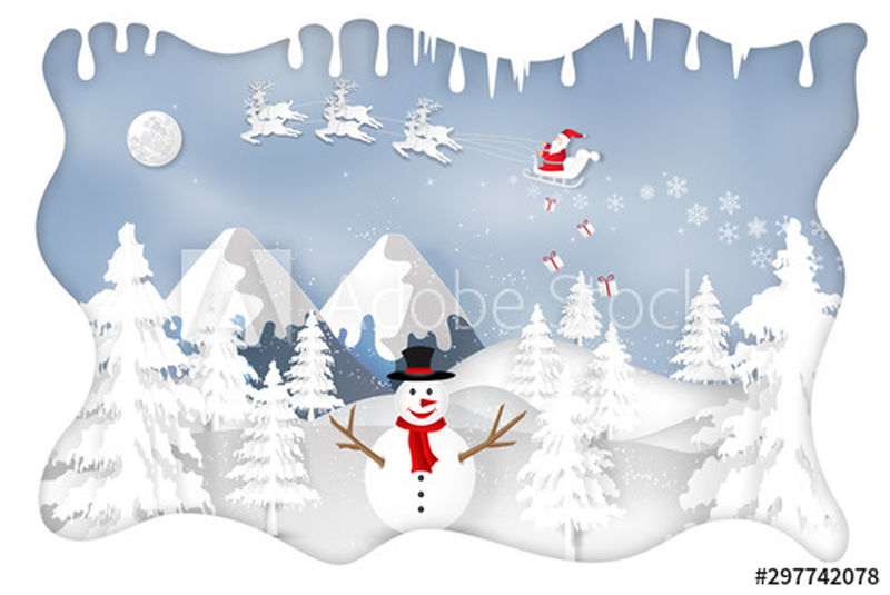 圣诞老人乘坐雪橇和驯鹿与雪人在圣诞快乐之夜和新年快乐之夜的纸艺、剪纸和数字工艺风格-作为节日和圣诞节的概念-矢量图解