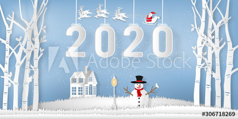 圣诞老人在雪橇上、驯鹿上和雪人上的纸艺术-在冬季与树木、森林和蓝天上的雪一起作为2020年新年快乐和数字工艺风格的概念-矢量图示