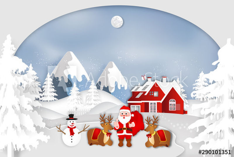 圣诞老人乘坐雪橇和驯鹿与雪人在圣诞快乐之夜和2019年新年快乐中的纸艺、剪纸和数字工艺风格-作为节日和圣诞节的概念