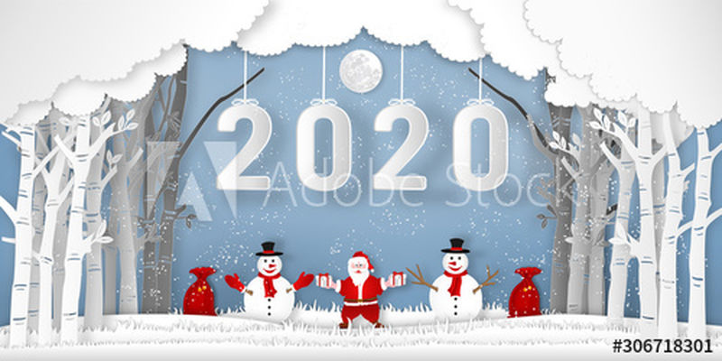 安踏克劳斯在雪橇和驯鹿上的纸艺术、剪纸和数字工艺风格-在圣诞快乐之夜和2020年新年快乐中贴上2020年标签-作为假日和圣诞节概念-矢量插图