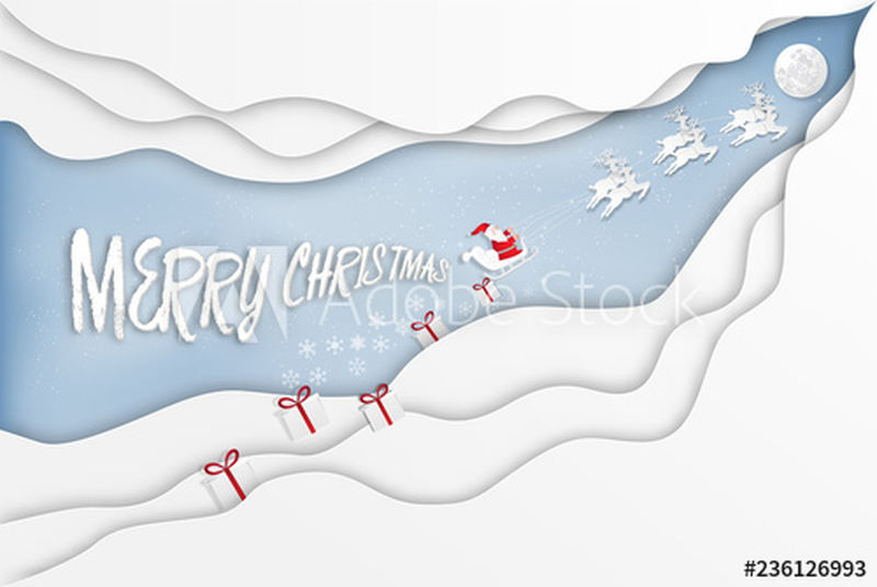 纸艺、剪纸和数码工艺风格的圣诞老人在雪橇上-驯鹿在冬季和雪在蓝天上作为圣诞快乐和2019年新年快乐的概念-矢量图示