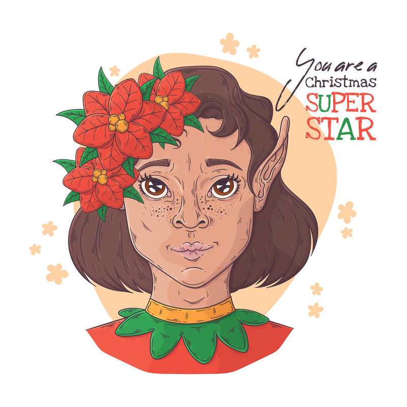 矢量手绘插图-带有圣诞符号的精灵女孩肖像-每个对象都可以根据您的设计进行更改和移动