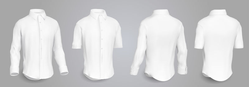 白色男式衬衫-长袖和短袖-正面、背面和侧面都有纽扣-在灰色背景上单独设计-三维逼真矢量插图-图案正式或休闲衬衫