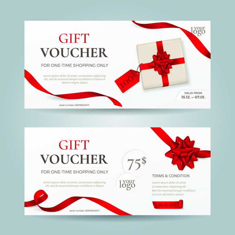 矢量套精美礼品券，带红丝带、蝴蝶结和g