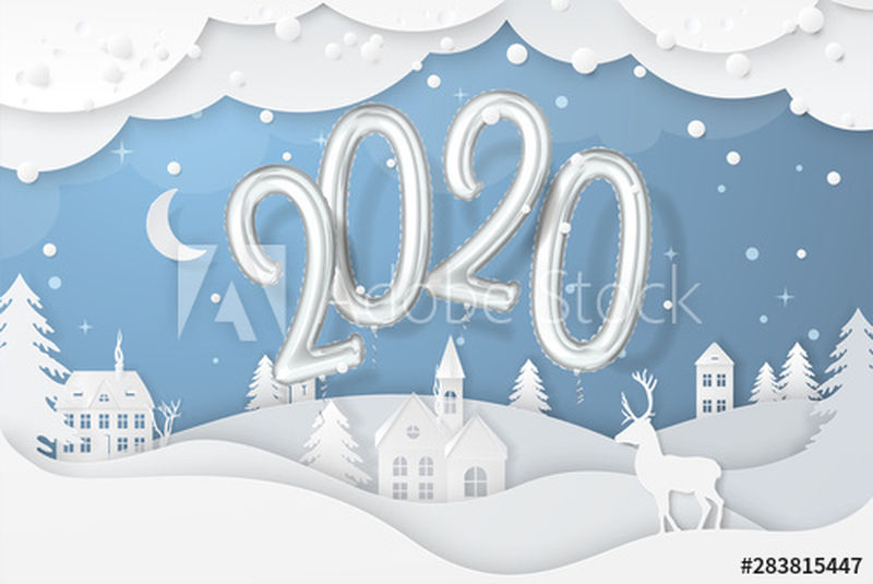 矢量冬季夜景与冷杉树-房子-月亮-鹿和现实的2020年数字箔气球新年旗帜-节日背景与3d剪纸圣诞村和降雪