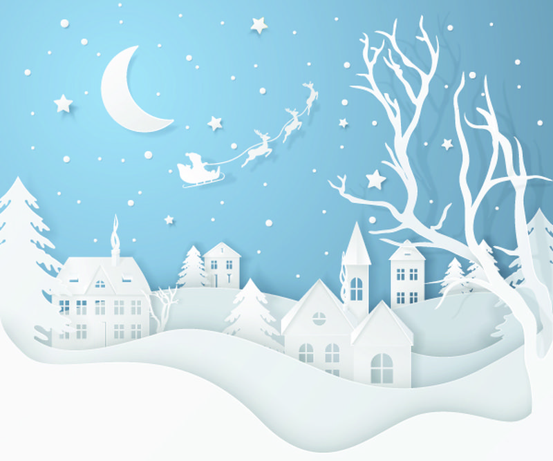 带冷杉树、房屋、月亮、圣诞树的矢量冬季夜景