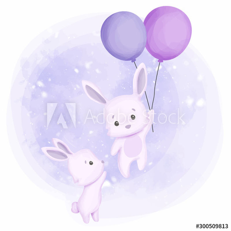 两只兔子带着气球飞起来