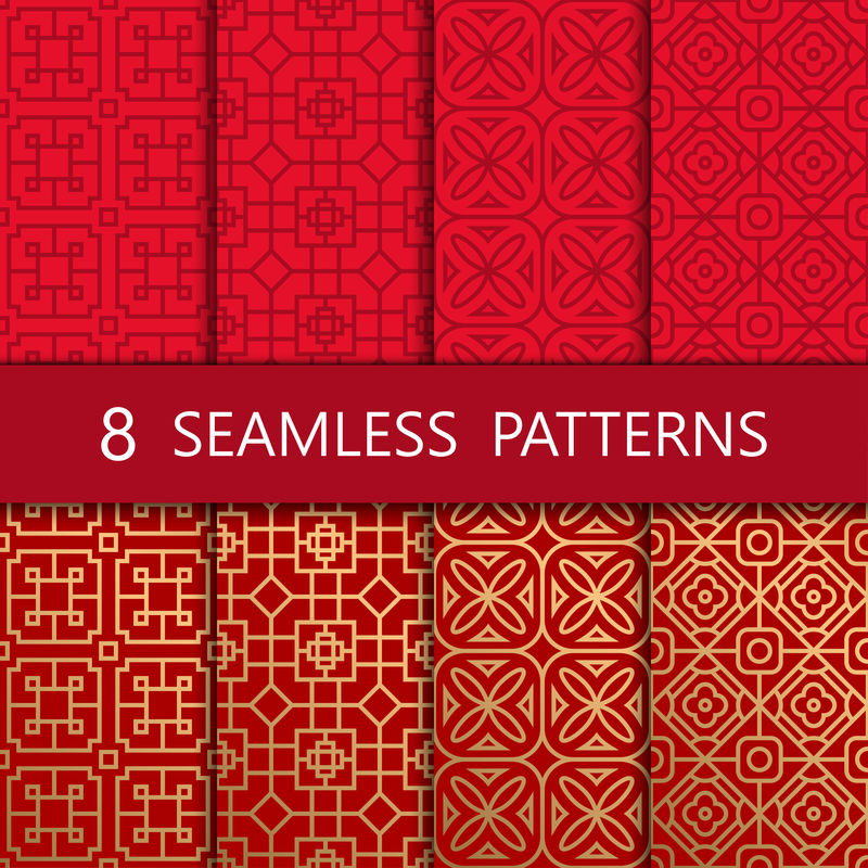 一套金色中式无缝图案，矢量插图