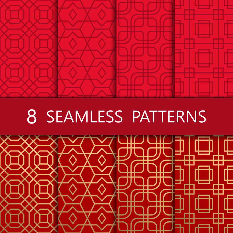 一套金色中式无缝图案，矢量插图