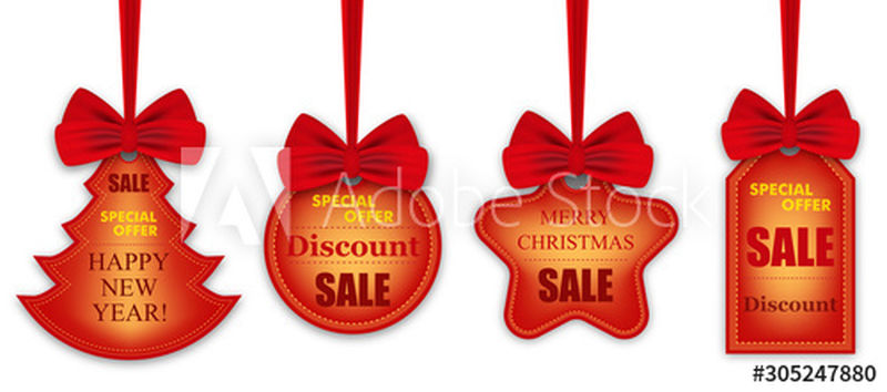 设置彩色贴纸-假日销售圣诞节和新年的标签挂在白色背景上的红色蝴蝶结丝带上-圆形-圣诞树-长方形和星形-矢量