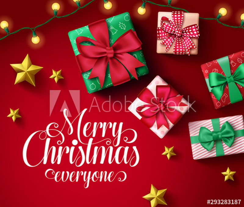 圣诞快乐贺卡矢量横幅模板-圣诞快乐每个人都在空旷的空间里排版圣诞礼物的彩色元素-灯光和金色的星星在夜红的背景下