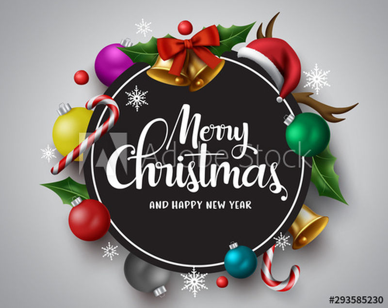 圣诞快乐矢量横幅-带有圆形框的圣诞祝福卡-用于短信和信息-灰色背景中有彩色圣诞装饰元素-矢量图解