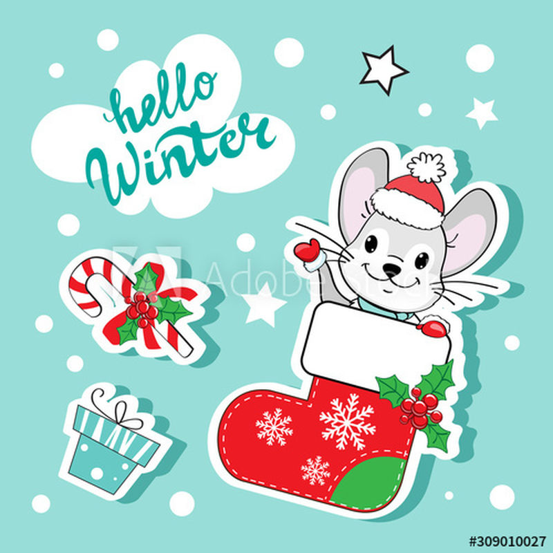 时尚贴纸一只可爱的老鼠坐在圣诞袜子里-一份礼物和蓝色背景上的“你好-冬天”字样