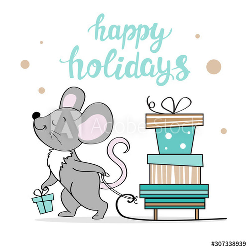 可爱的小老鼠背着一个雪撬-雪撬上有礼物-雪撬的白色背景上写着节日快乐-2020年标志
