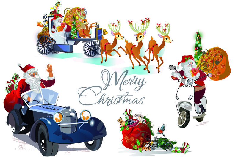 一套圣诞卡和圣诞老人交通工具-手绘插图