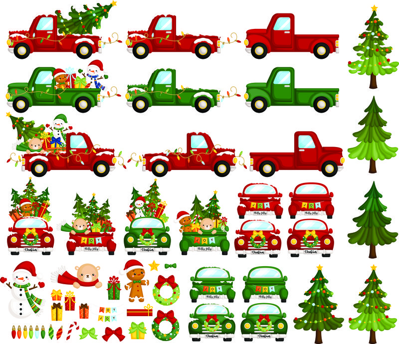 一组可爱的五颜六色的圣诞车-里面有很多圣诞人物和物品