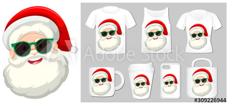 圣诞主题与圣诞老人脸上的许多产品插图
